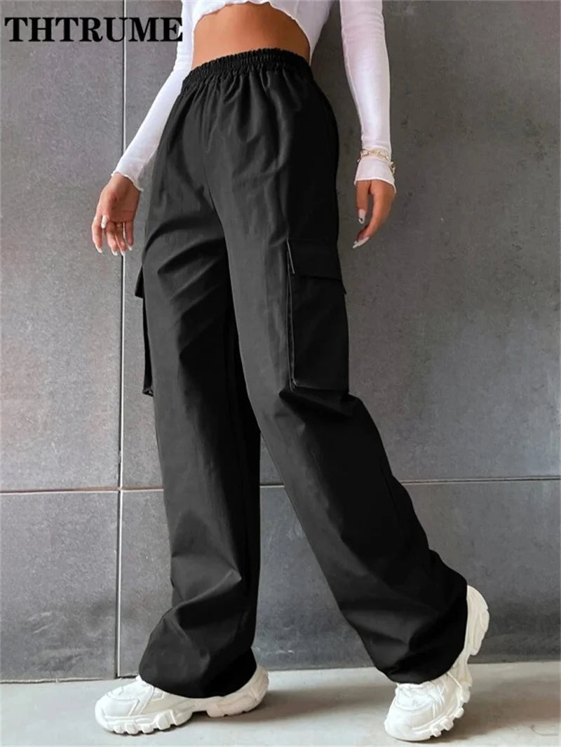 Vintage Streetwear Cargo Pants Fashion Women Solid Oversized Pocket High Waist Baggy Pant