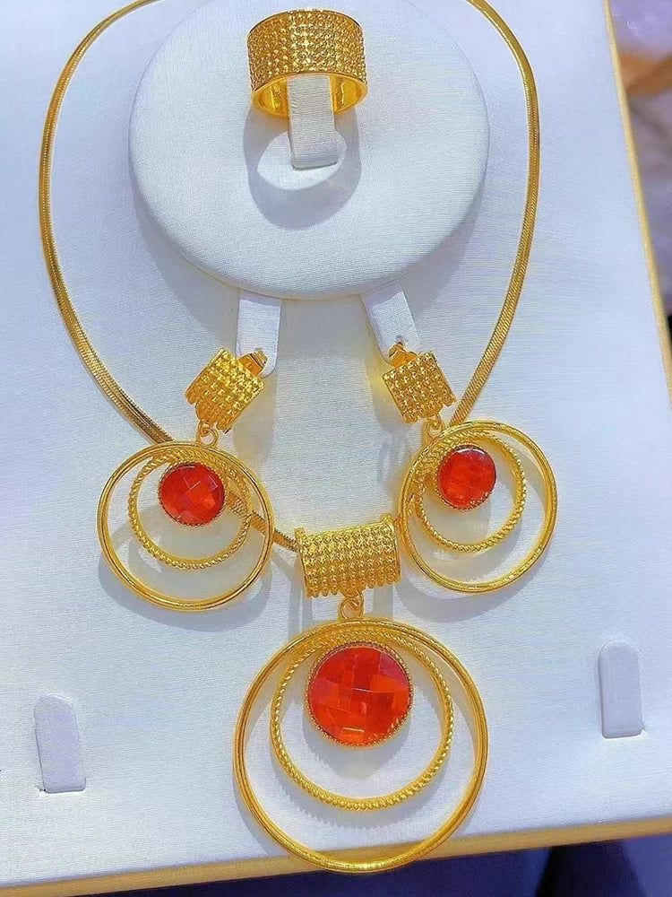 Stainless steel large round pendant Necklace Earrings Ring Jewelry Set for women