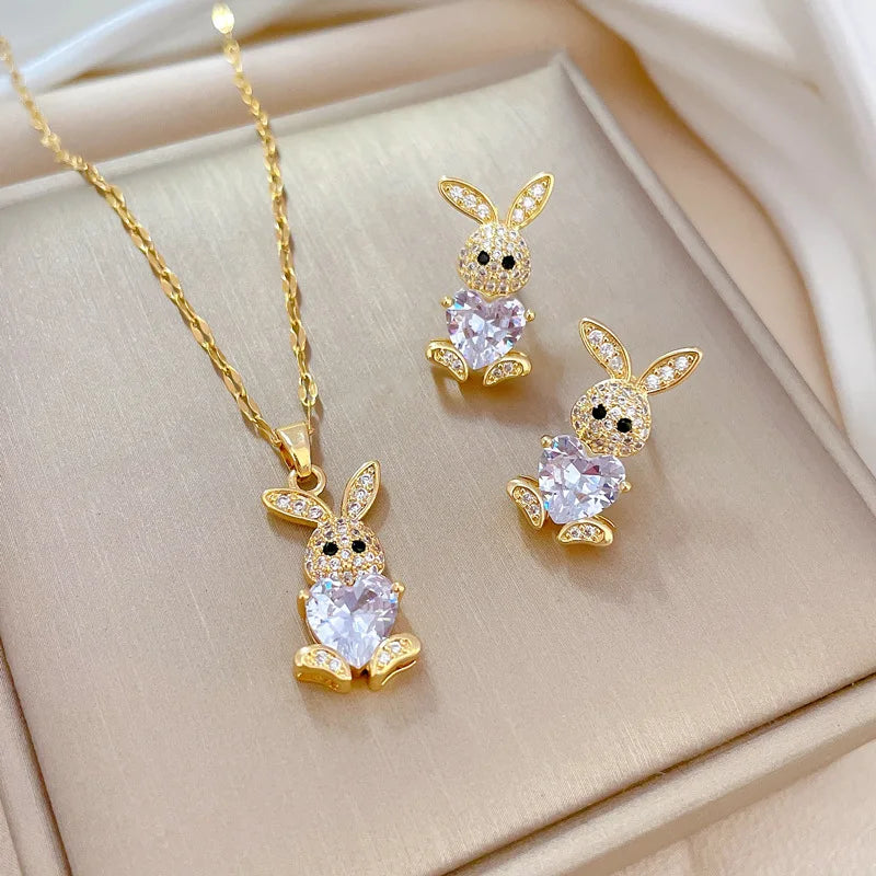 Stainless Steel Austrian Crystal Enamel Square Pendant Jewelry Sets Women