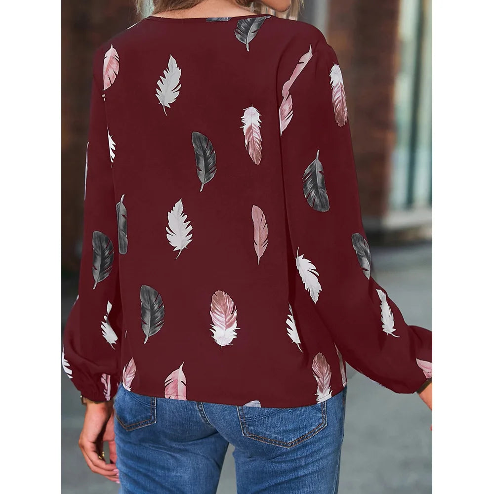 Fashion Woman long Sleeve Feather Pattern, Ladies Elegant Chiffon Tops