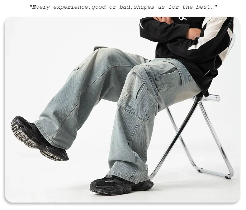 Multi-pocket Workwear Design Jeans Men's Old Washed Retro Japanese Korean Casual Pants