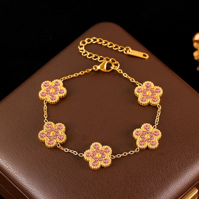 Pink Zircon Reversible Clover Necklace Bracelet Earrings Set For Women Trendy Stainless Steel Waterproof Jewelry
