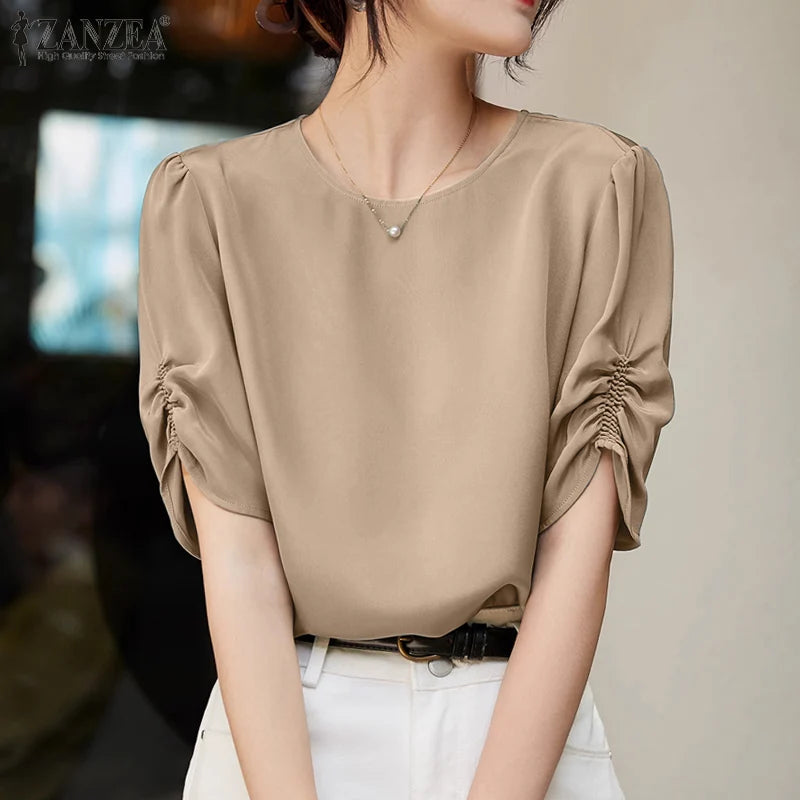 Solid Casual Office Work Tops Fashion Summer Short Sleeve Elegant Loose Blouse