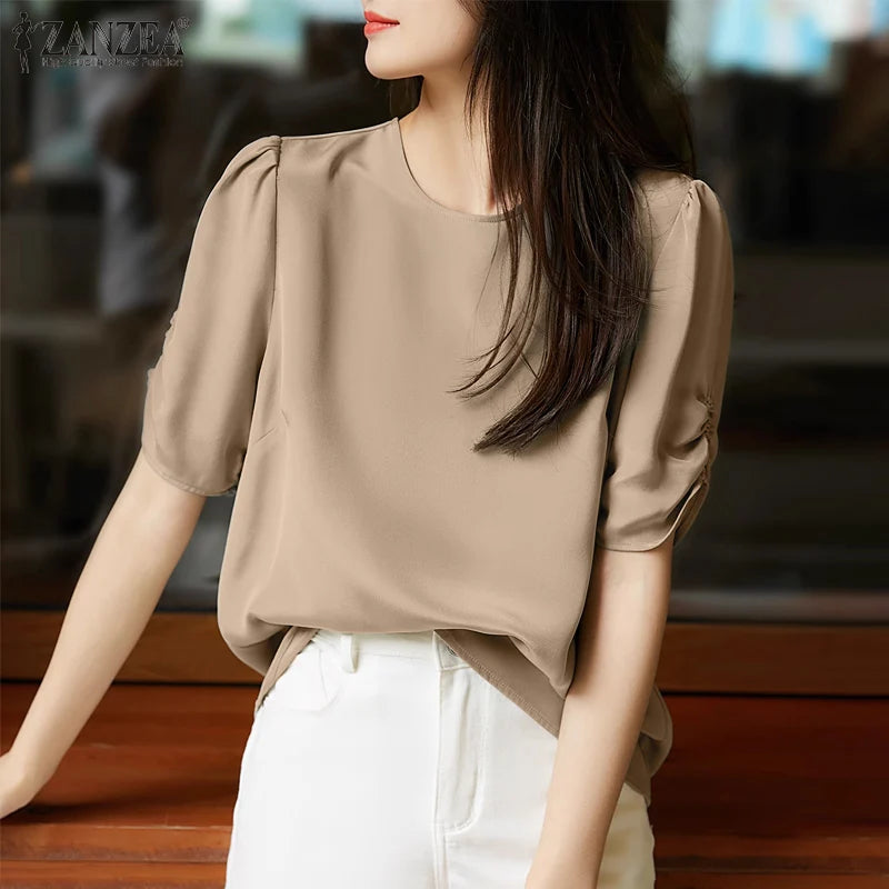 Solid Casual Office Work Tops Fashion Summer Short Sleeve Elegant Loose Blouse
