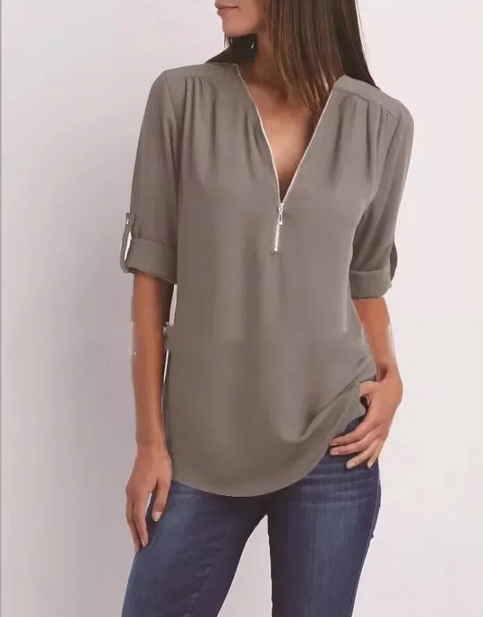 Women Cool Loose Shirt Deep V Neck Chiffon Fashion Zipper Pullover Blouse