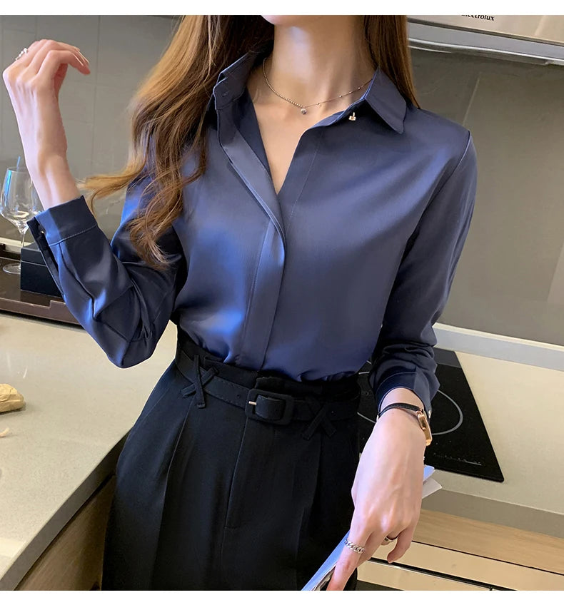 Satin Women Shirt Vintage Long Sleeve Blouse Women Silk Elegant Womens Tops
