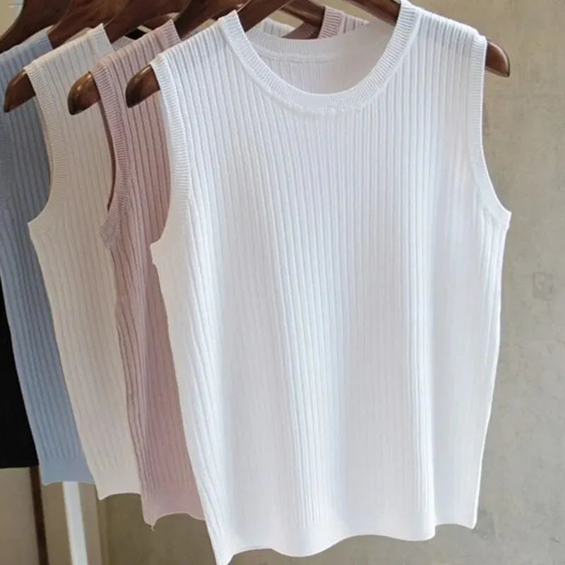 Summer Fashion Knitted Vests O-neck Sleeveless Casual Thin Tops Sleeveless Women Blouse