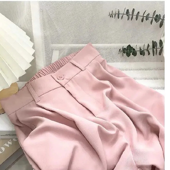Elastic High Waist Suit Women Pants, Casual Loose Straight Black Office Ladies Trouser