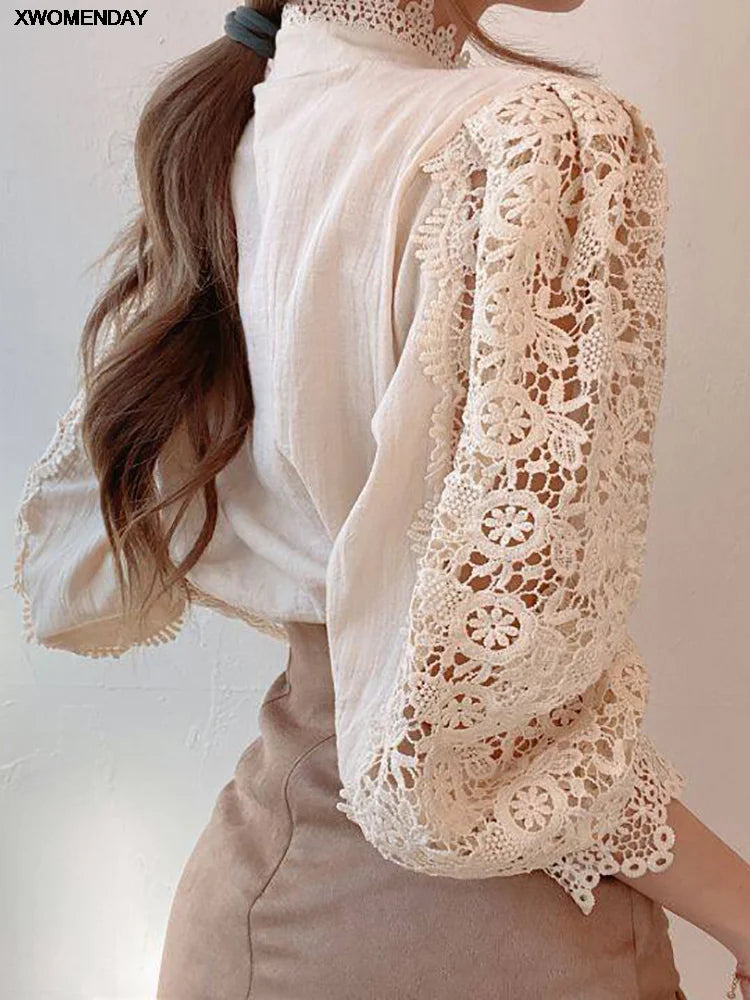 Women Chiffon Button Turtleneck Shirt Chic Elegant Floral Lace Fluffy Long Sleeve Top Fashion Hollow Oversize Blouse
