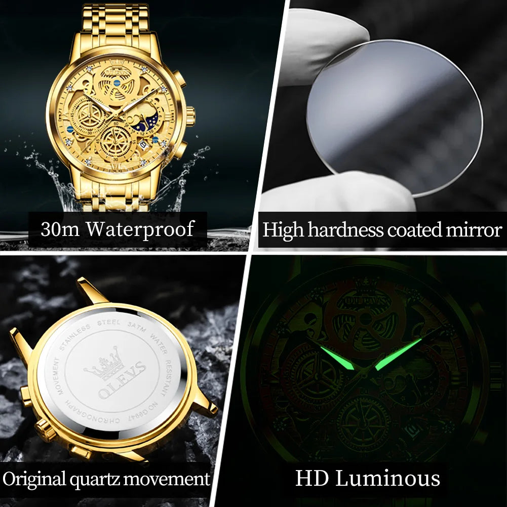 OLEVS Men's Waterproof Quartz Watch for Man Gold Skeleton Style 24 Hour Day Night Watch