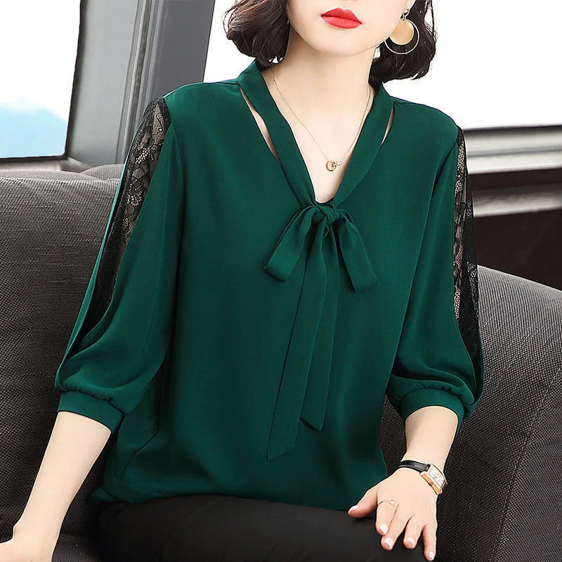 Women Casual Bow Tie Collar Half Lace Sleeve Loose Blouse