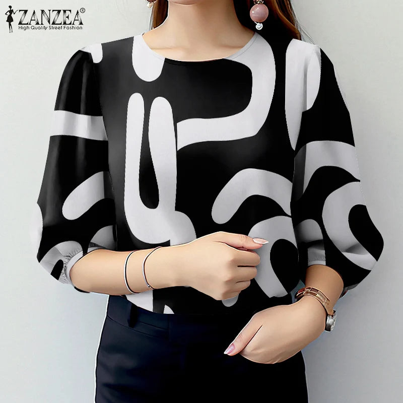 Elegant Office Work Blouses Stylish Spring O Neck 3/4 Sleeve Printed Retro Holiday Blouse