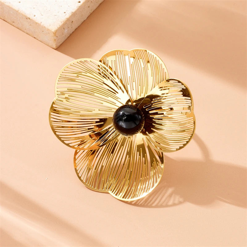 Stainless Gold plated 3D hollow camellia Pearl Necklace Bracelet Ring Suit Women Girl New Trend Non-fading jewelry Set