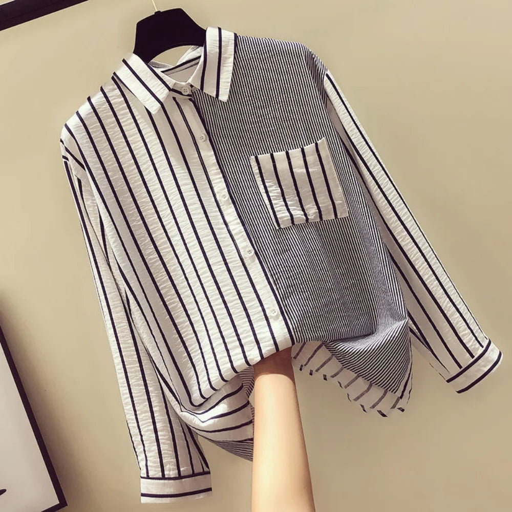 Korean Summer Trendy Women's Shirt Loose Casual Striped Patchwork Shirts Pocket Office Lady Sweet Women's Top