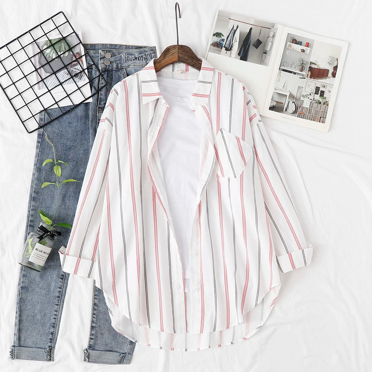 Loose Casual Striped Shirts New Ladies Sweet Simple Style Long Sleeve Print Female Blouse
