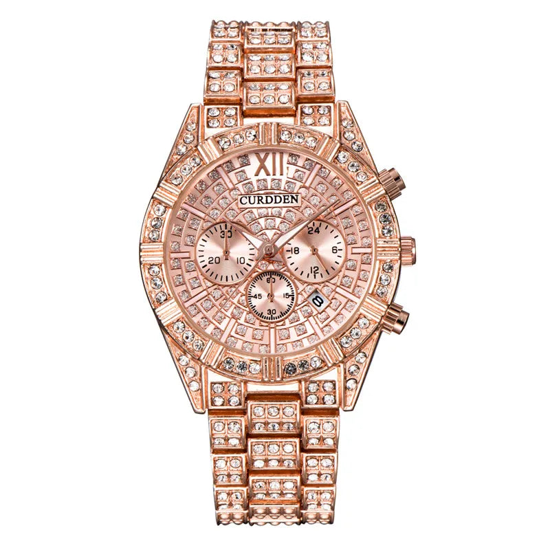 Fashion Alloy Band Hip Hop Diamond Golden Date Vintage Quartz men's Watches
