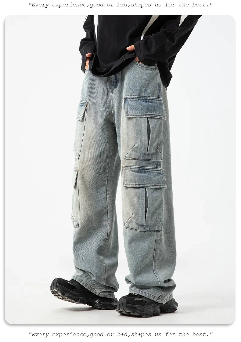 Multi-pocket Workwear Design Jeans Men's Old Washed Retro Japanese Korean Casual Pants