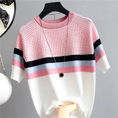 Vintage Ladies Tops Striped Summer Blouse Pink Elasticity Short Sleeve Blue Women Blouse