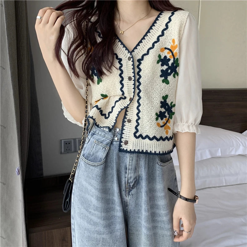 Flower Embroidery Crochet Blouse with Chiffon Sleeve Button Front Cardigan Top Women Spring Summer blouse