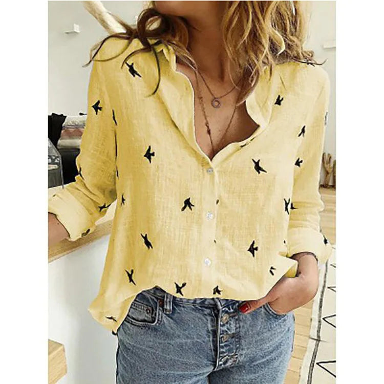 Elegant Cotton Linen Shirts Women Casual Solid Button Lapel Blouses Shirts Autumn Winter Long Sleeve Loose Tops