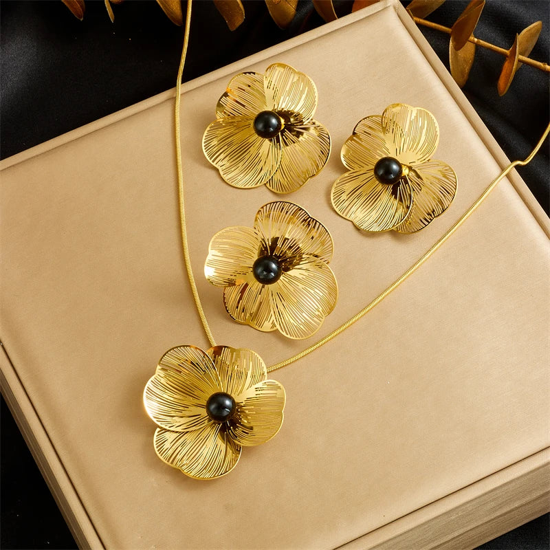 Stainless Gold plated 3D hollow camellia Pearl Necklace Bracelet Ring Suit Women Girl New Trend Non-fading jewelry Set