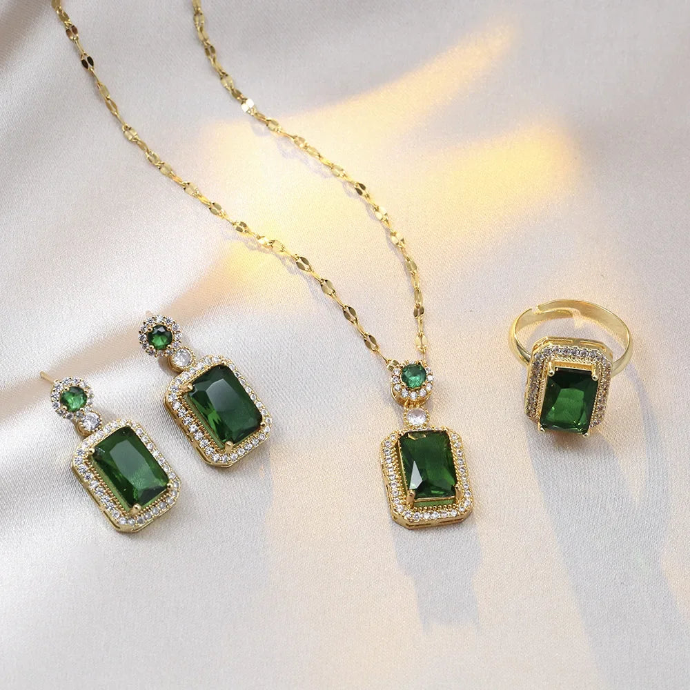 Luxury style Emerald Color Earring Necklace Rings Set For Woman Stainless Steel Zircon Rectangle Pendant Necklace