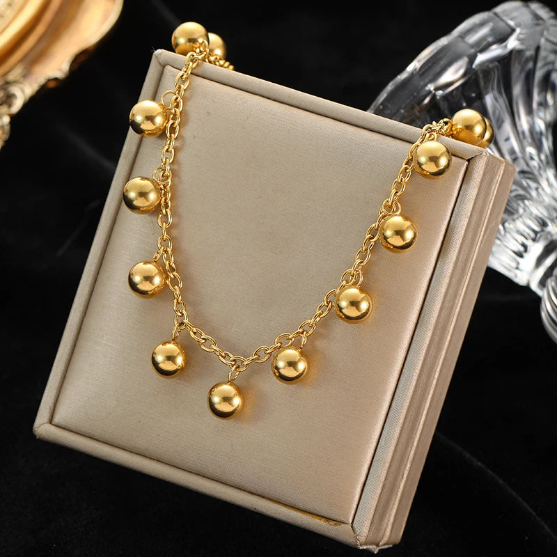 Stainless Steel 18K Gold Plated Bead Pendant Necklace Earrings Jewelry Set For Women