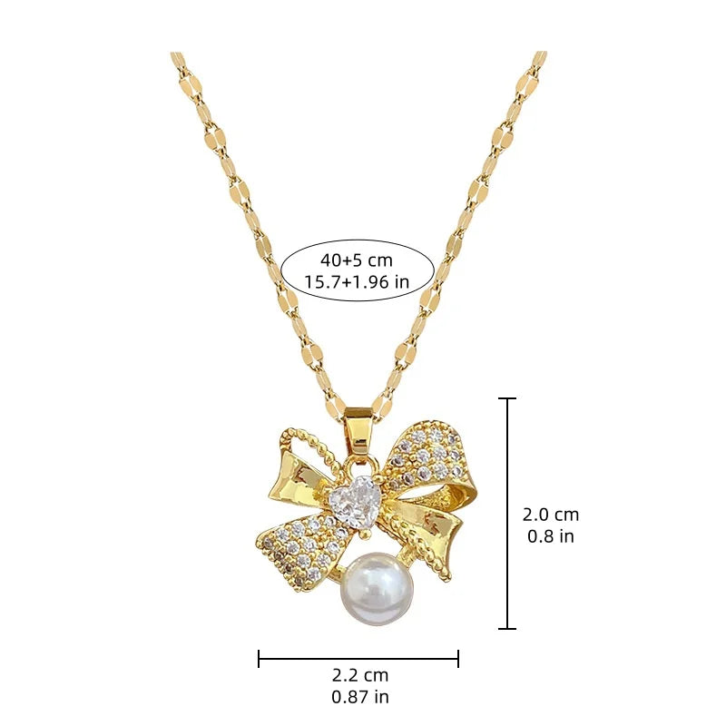 Classic Stainless Steel Gorgeous Pearl Bow Necklace Earrings Fashionable and Exquisite Accessories