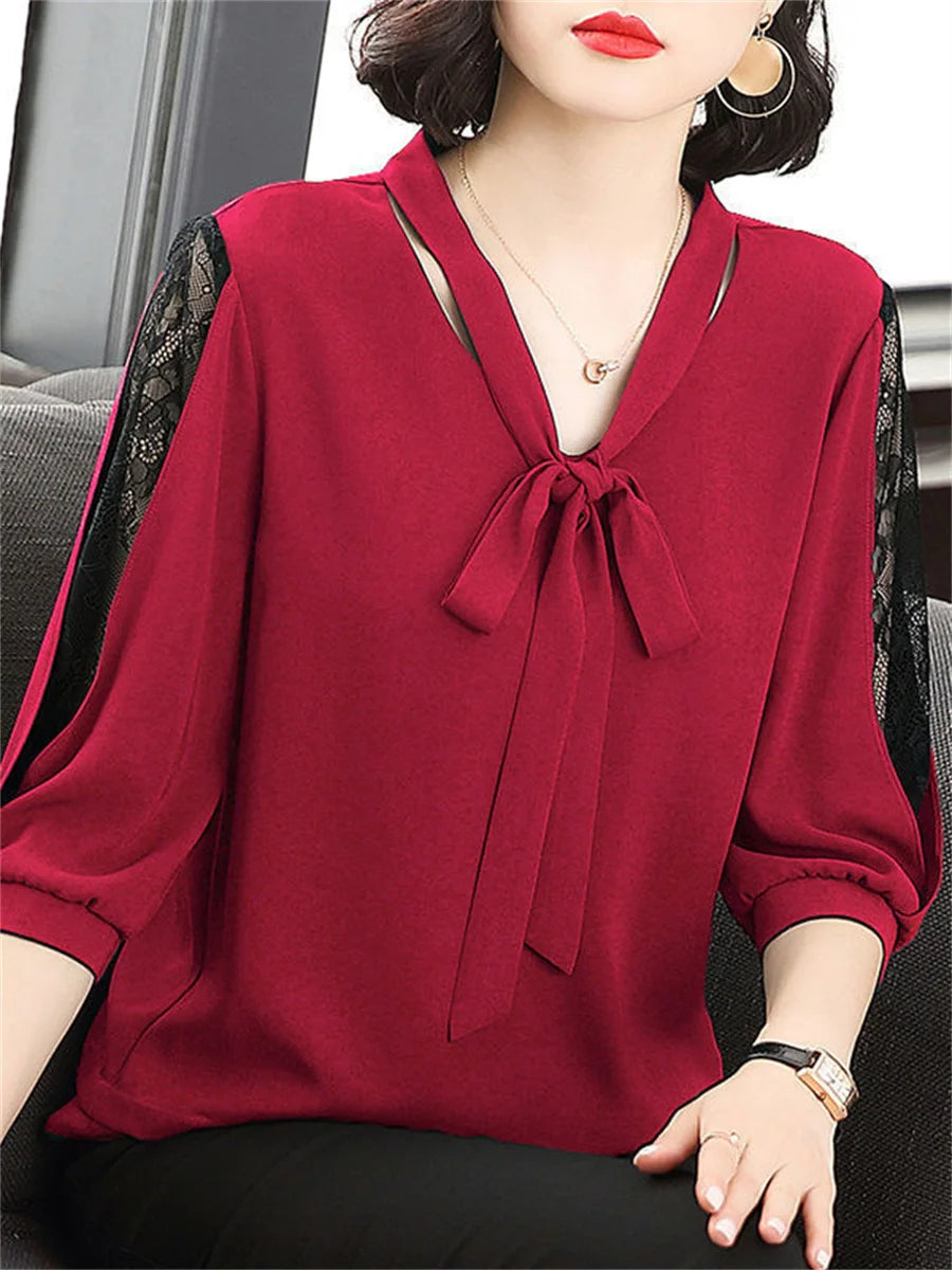 Women Casual Bow Tie Collar Half Lace Sleeve Loose Blouse