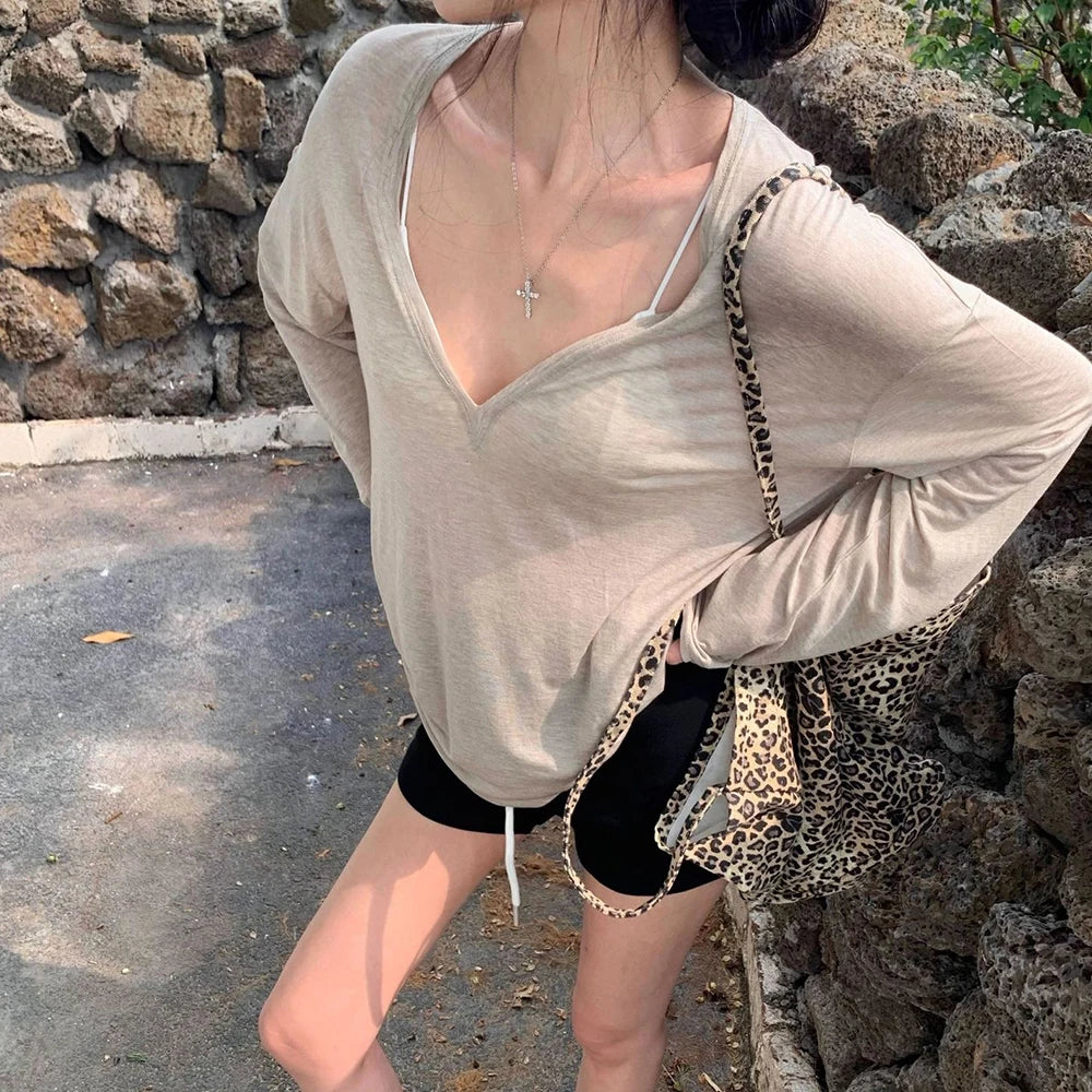 Women's V-Neck Long Sleeve T-Shirt Thin Perspective Summer Loose Fit Casual Top Korean Base Sun Protection Cover Up Top
