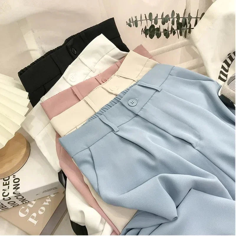 Elastic High Waist Suit Women Pants, Casual Loose Straight Black Office Ladies Trouser