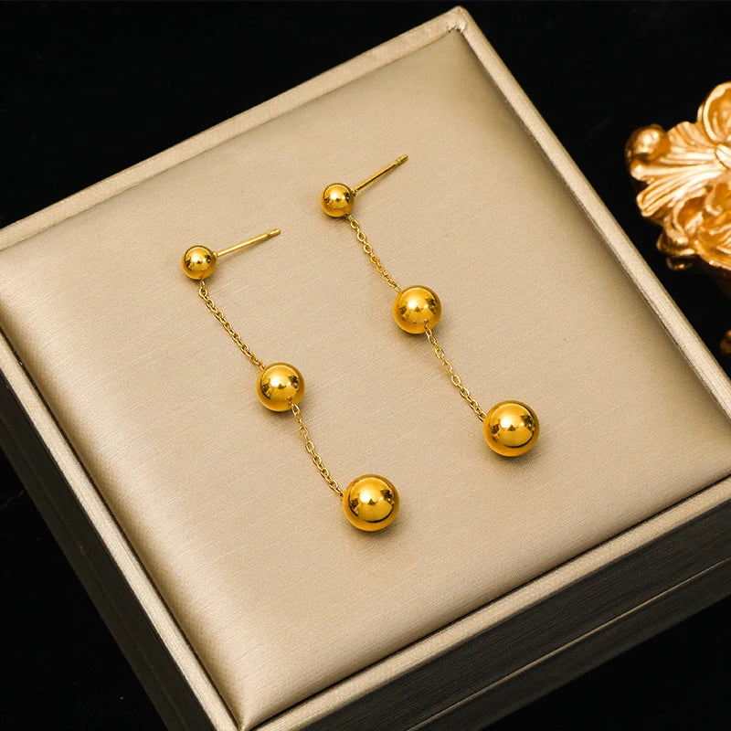 Stainless Steel 18K Gold Plated Bead Pendant Necklace Earrings Jewelry Set For Women