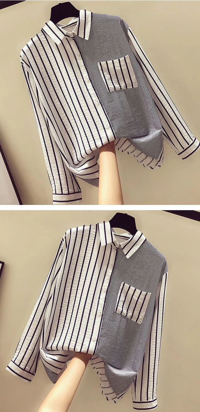 Korean Summer Trendy Women's Shirt Loose Casual Striped Patchwork Shirts Pocket Office Lady Sweet Women's Top