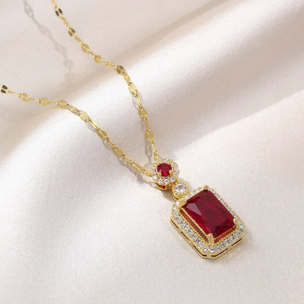 Luxury style Emerald Color Earring Necklace Rings Set For Woman Stainless Steel Zircon Rectangle Pendant Necklace