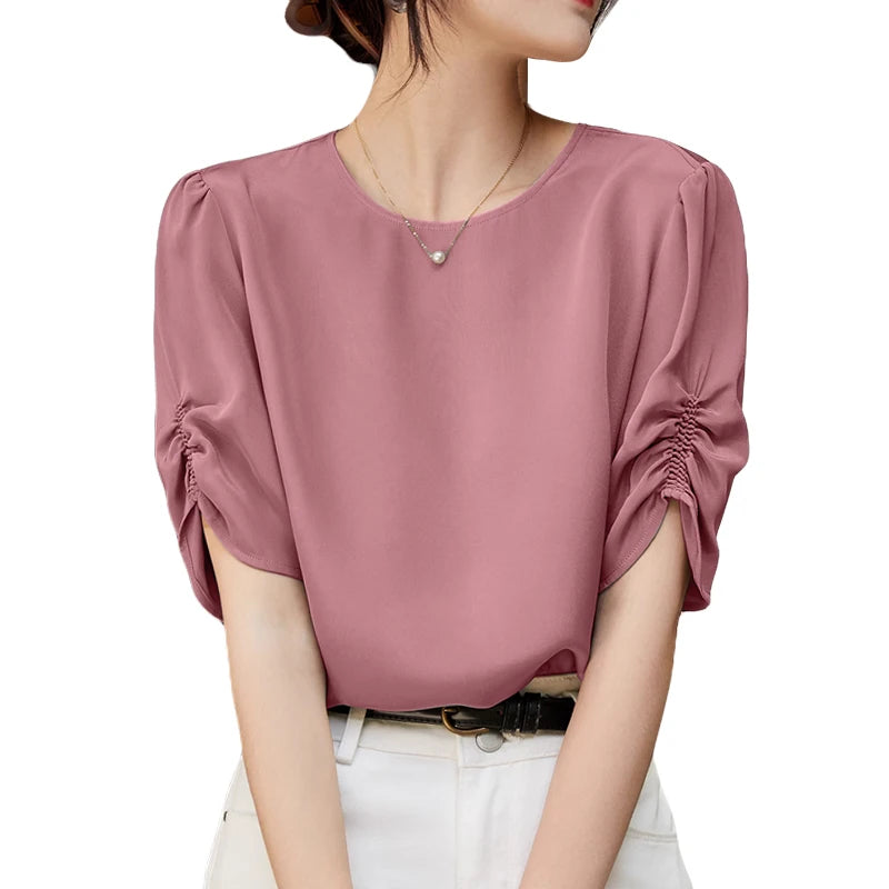 Solid Casual Office Work Tops Fashion Summer Short Sleeve Elegant Loose Blouse