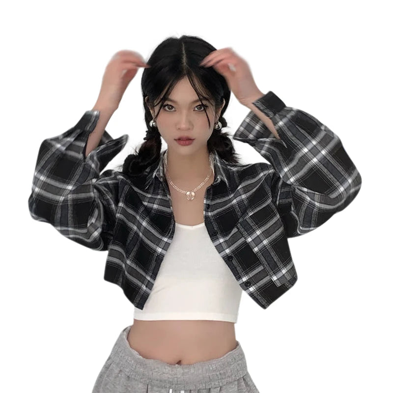 Checkered Women's Long Sleeve Vintage Casual Lapel Turn-down Collar Plaid Classic Single Breasted Tops
