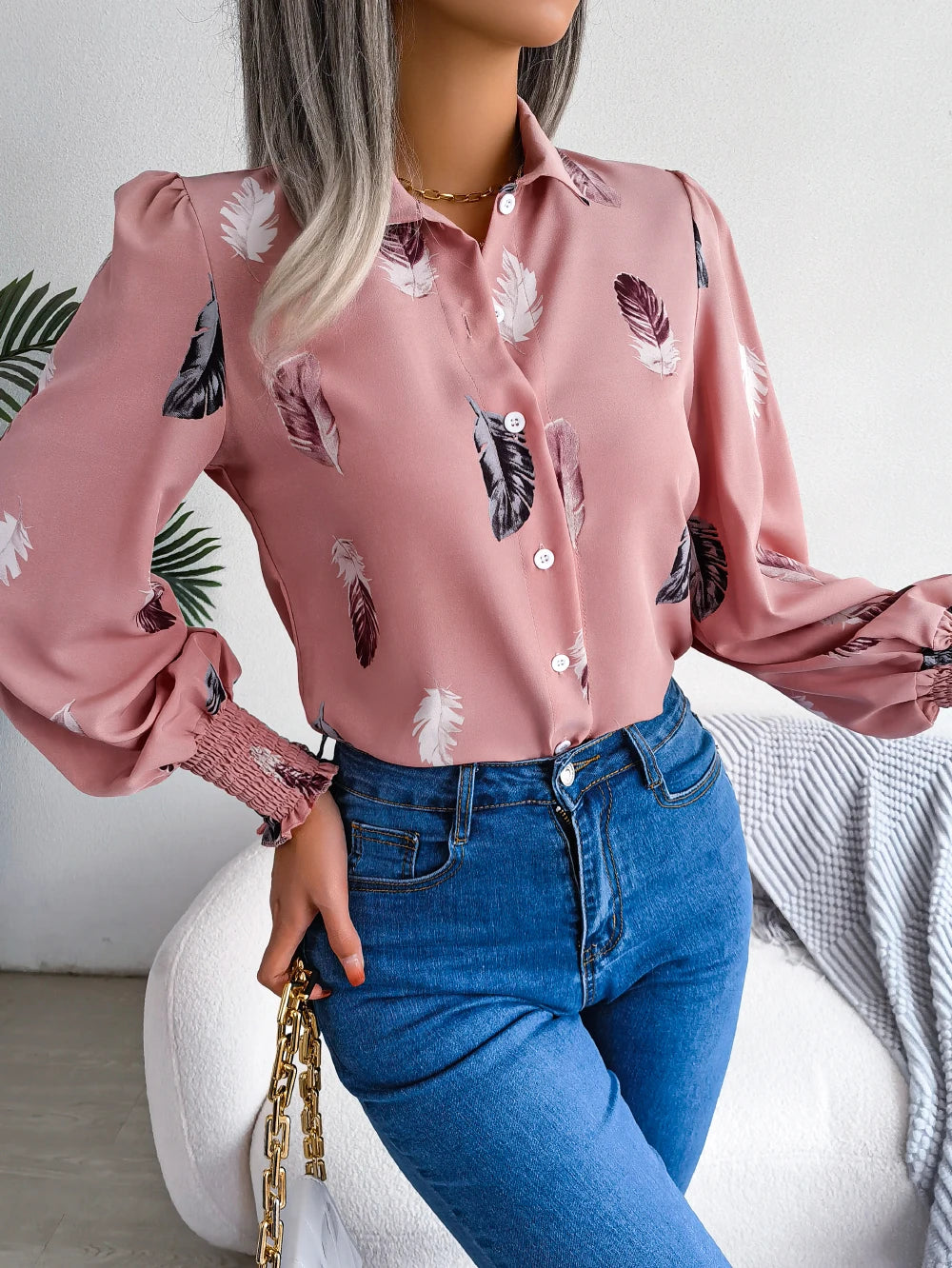 Women Casual Feather Print Collar Long Sleeve Shirt