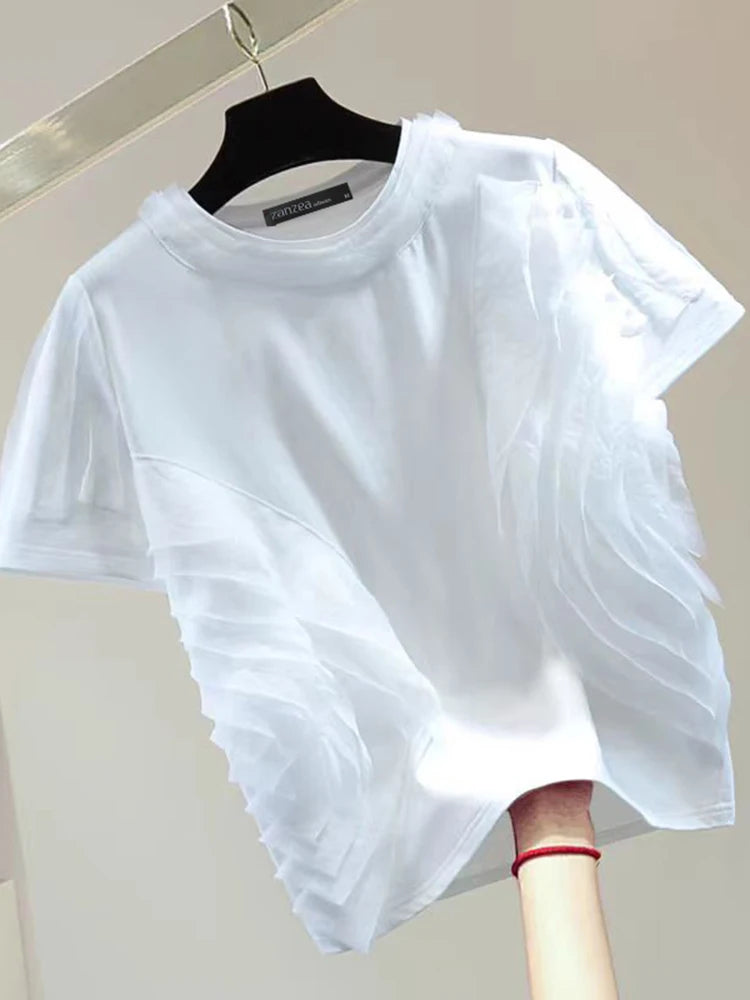 Women Ruffled Stitching Blouse Fashion Holiday O-neck Tops Summer Short Sleeve