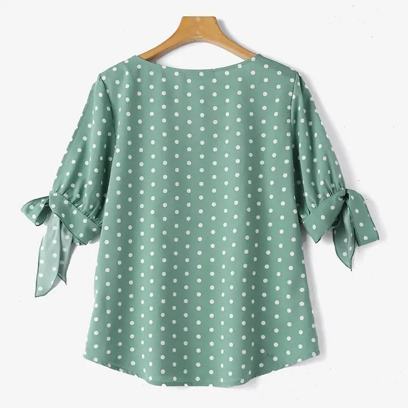 Woman Casual Polka Dots Printed Blouse Fashion Holiday Shirt Half Sleeve O-Neck Tunic Tops