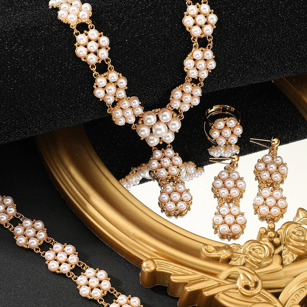 Stainless Steel Vintage luxury pearl flower Pendant Necklace Earrings Bracelet ring Jewelry Set