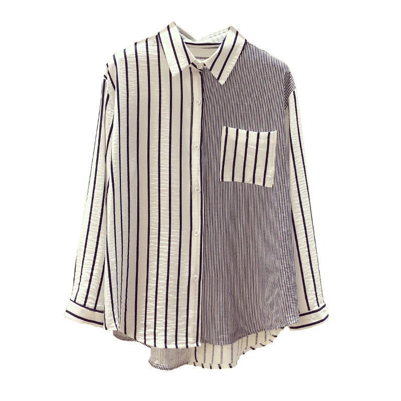 Korean Summer Trendy Women's Shirt Loose Casual Striped Patchwork Shirts Pocket Office Lady Sweet Women's Top