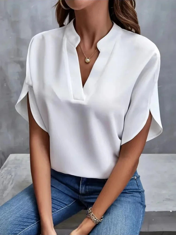 Women Casual Short Split Sleeve V-Neck Off Shoulder Solid Color Tops