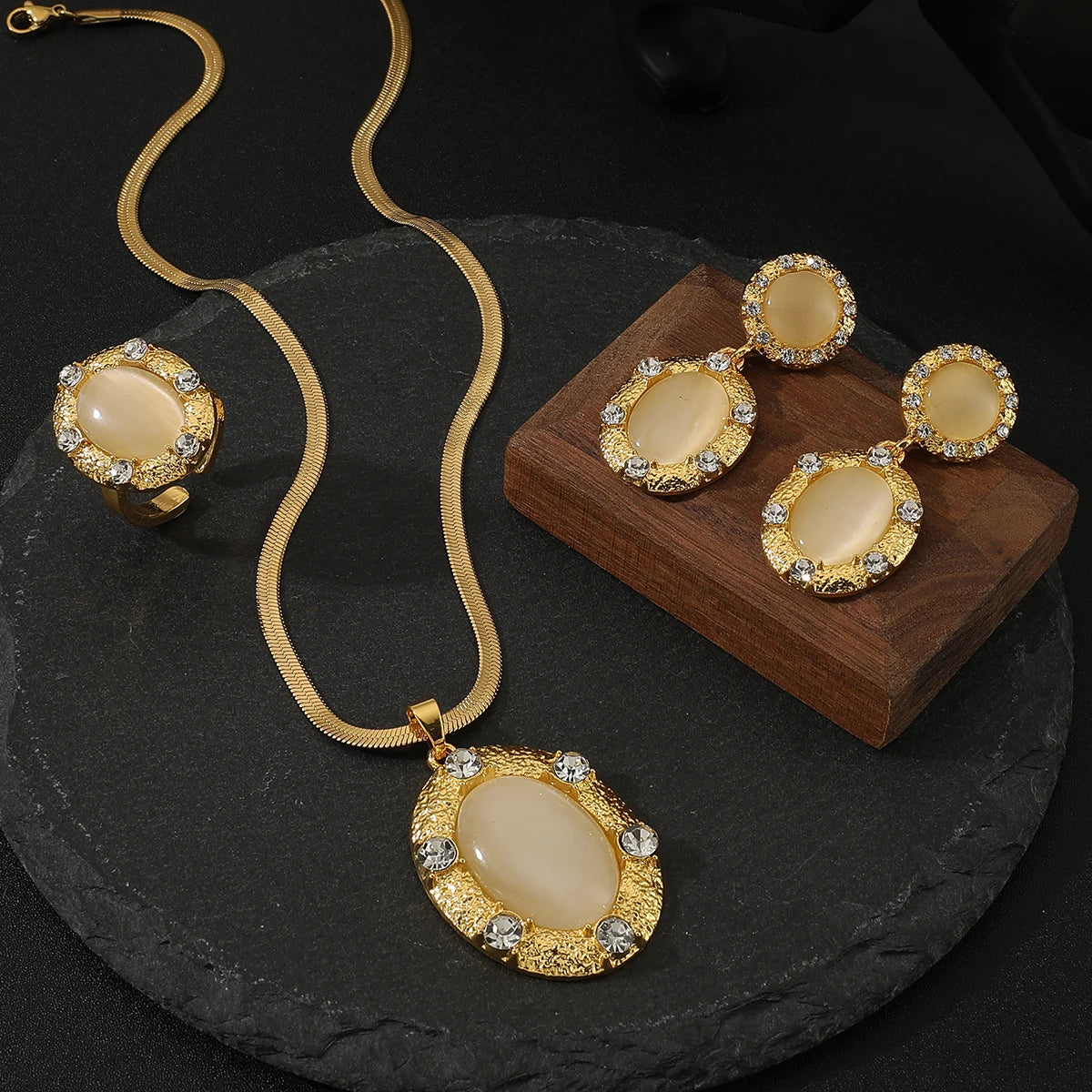 Golden opal pendant Necklace Earrings Ring for Women