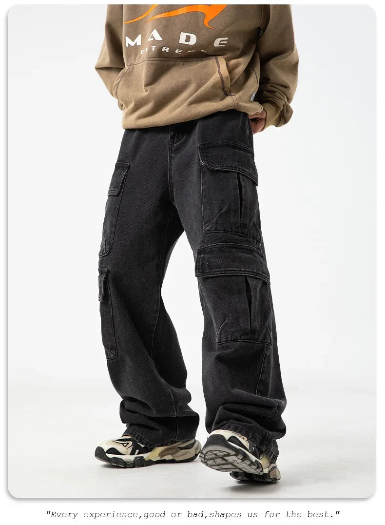 Multi-pocket Workwear Design Jeans Men's Old Washed Retro Japanese Korean Casual Pants