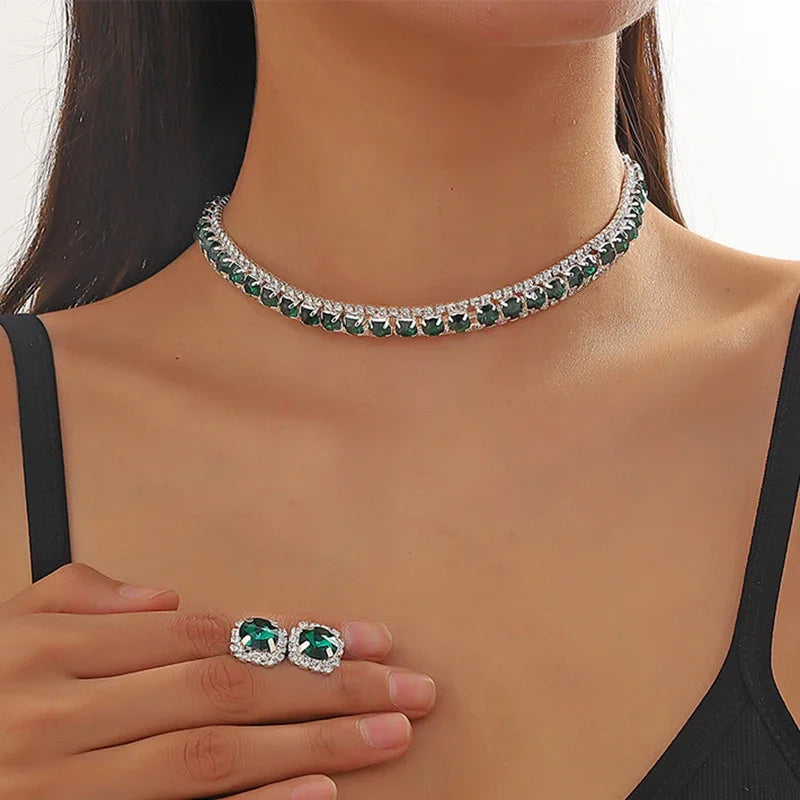 Inlaid Green Rhinestone Necklace Earring Set for Women Luxury Choker Necklace Stud Earrings