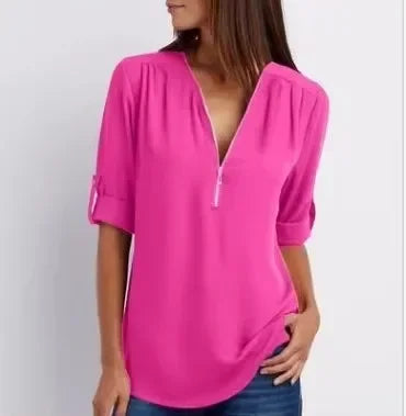 Women Cool Loose Shirt Deep V Neck Chiffon Fashion Zipper Pullover Blouse