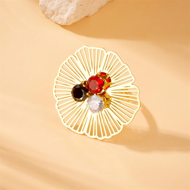 Stainless Steel Hollow Flower Inlaid With Zircon Necklace Earrings Ring For Women New Trend Non-fading Jewelry Set