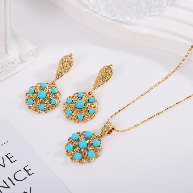 Stainless Steel Vintage luxury pearl flower Pendant Necklace Earrings Bracelet ring Jewelry Set