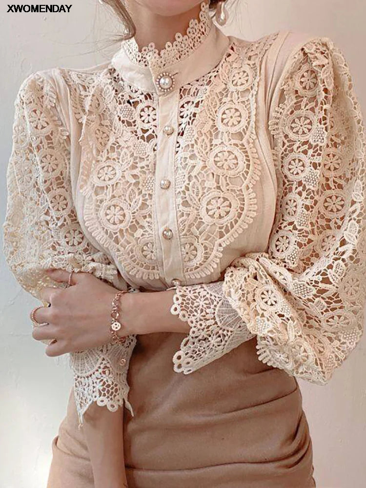 Women Chiffon Button Turtleneck Shirt Chic Elegant Floral Lace Fluffy Long Sleeve Top Fashion Hollow Oversize Blouse