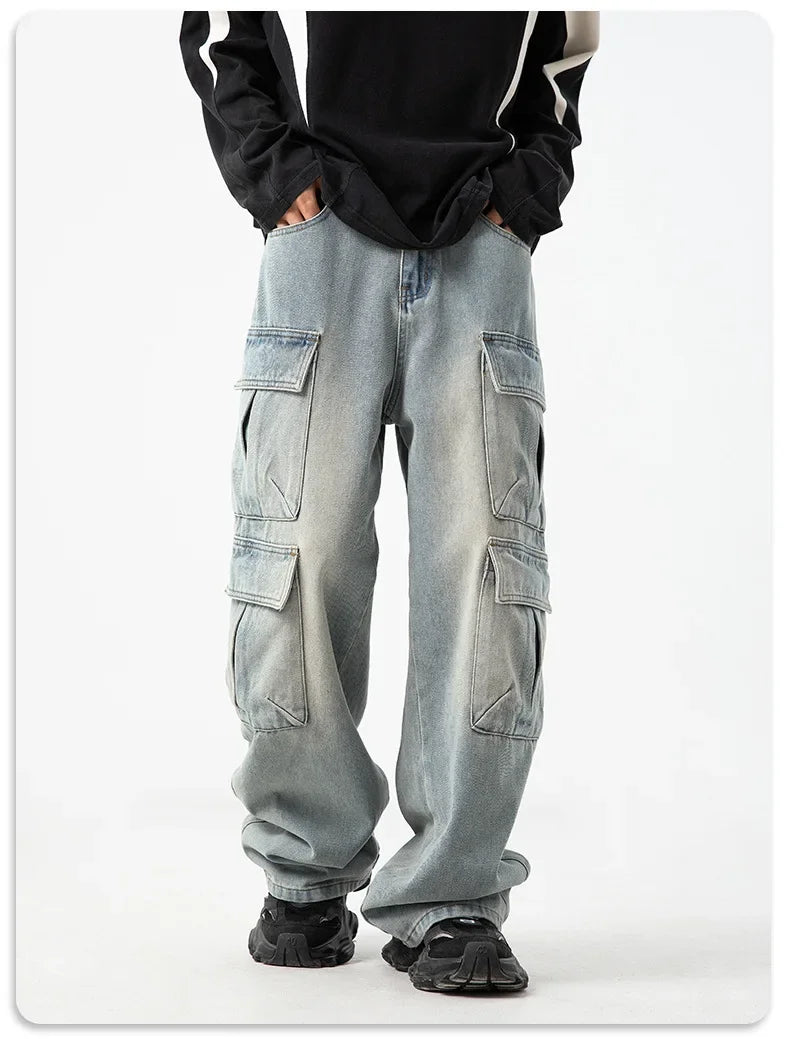 Multi-pocket Workwear Design Jeans Men's Old Washed Retro Japanese Korean Casual Pants